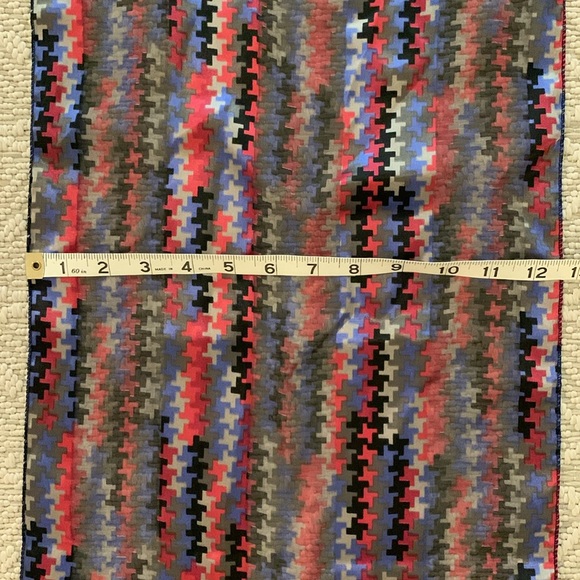 Oblong Scarf: Red, Blue, Gray, Black Design, Sheer & Opaque, 60” x 12”, Career - Picture 7 of 8